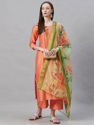 Indo Era Orange Embroidered Straight Kurta Palazzo with Dupatta Set 5