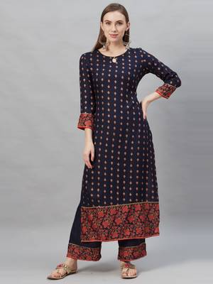 Indo Era Navy Blue Foil Printed Straight Kurta with Palazzo Sets 1