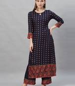Indo Era Navy Blue Foil Printed Straight Kurta with Palazzo Sets
