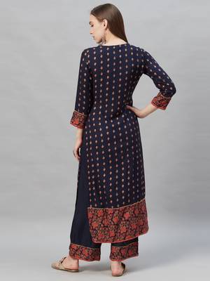 Indo Era Navy Blue Foil Printed Straight Kurta with Palazzo Sets 2