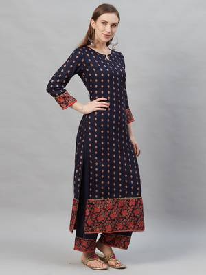 Indo Era Navy Blue Foil Printed Straight Kurta with Palazzo Sets 3