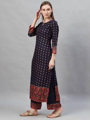 Indo Era Navy Blue Foil Printed Straight Kurta with Palazzo Sets 4
