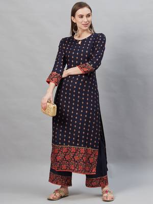 Indo Era Navy Blue Foil Printed Straight Kurta with Palazzo Sets 5