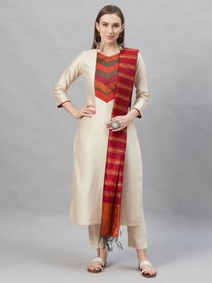 Indo Era Cream Solid Straight Kurta Palazzo with Dupatta Set 1