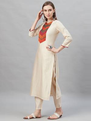 Indo Era Cream Solid Straight Kurta Palazzo with Dupatta Set 4