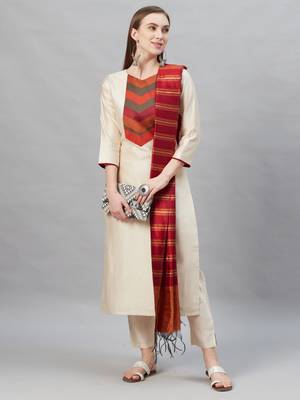 Indo Era Cream Solid Straight Kurta Palazzo with Dupatta Set 5