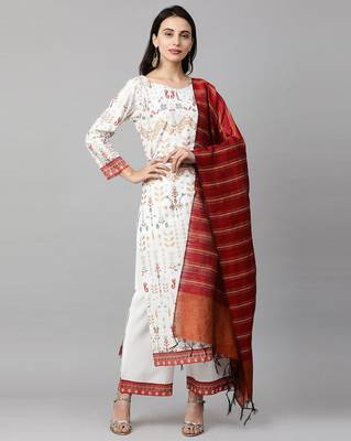 Indo Era White Foil Printed Straight Kurta with Palazzo Dupatta Set 1