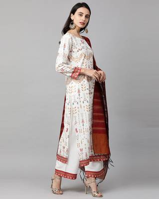 Indo Era White Foil Printed Straight Kurta with Palazzo Dupatta Set 3
