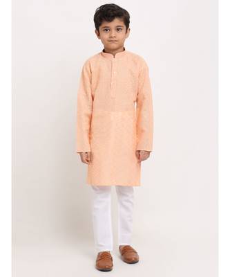 Boys Peach Embroidered Cotton Kurta 1