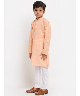 Boys Peach Embroidered Cotton Kurta 2