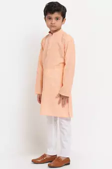Boys Peach Embroidered Cotton Kurta