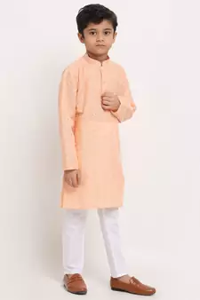 Boys Peach Embroidered Cotton Kurta