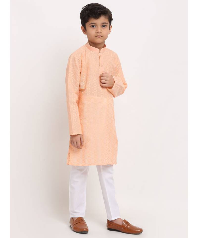 Boys Peach Embroidered Cotton Kurta