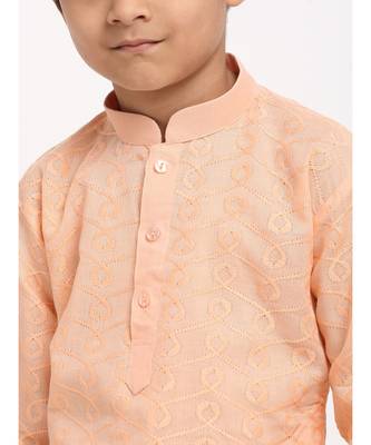 Boys Peach Embroidered Cotton Kurta 4
