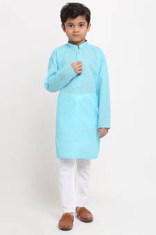 Boys Blue Embroidered Cotton Kurta