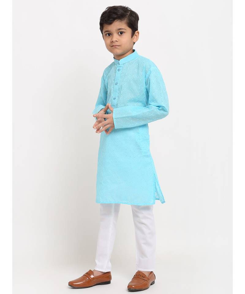 Boys Blue Embroidered Cotton Kurta