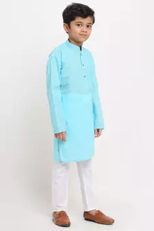 Boys Blue Embroidered Cotton Kurta
