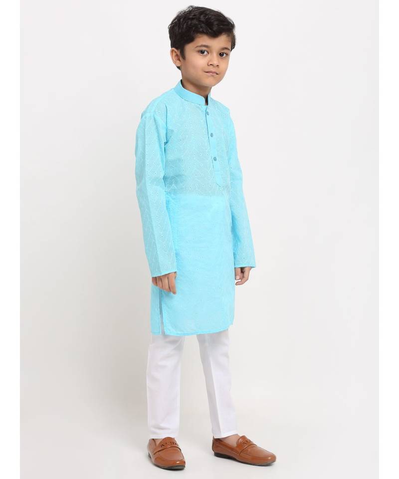 Boys Blue Embroidered Cotton Kurta
