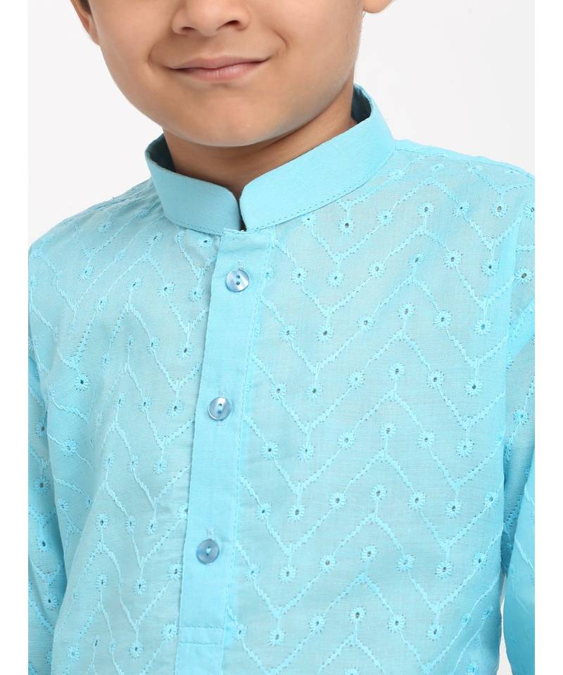 Boys Blue Embroidered Cotton Kurta