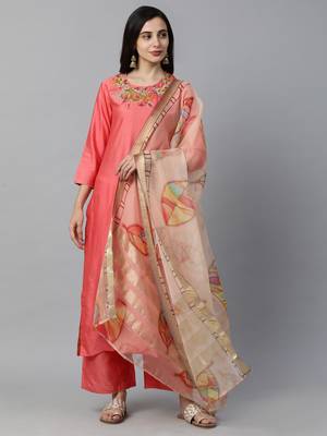 Indo Era Red Embroidered Straight Kurta Palazzo with Dupatta Set 1