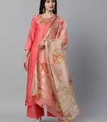 Indo Era Red Embroidered Straight Kurta Palazzo with Dupatta Set