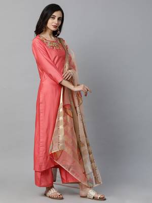 Indo Era Red Embroidered Straight Kurta Palazzo with Dupatta Set 3