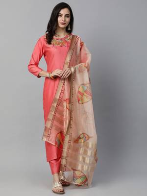 Indo Era Red Embroidered Straight Kurta Palazzo with Dupatta Set 5