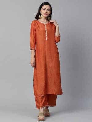 Indo Era Orange Solid Straight Kurta with Palazzo Sets 1