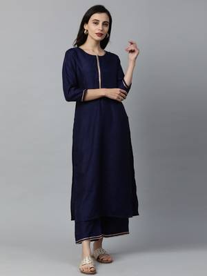 Indo Era Navy Blue Solid Straight Kurta with Palazzo Sets 1