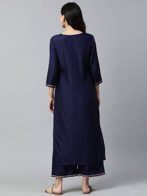 Indo Era Navy Blue Solid Straight Kurta with Palazzo Sets 2