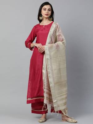 Indo Era Maroon Solid Straight Kurta Pant with Dupatta Sets 1