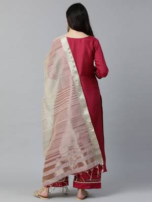 Indo Era Maroon Solid Straight Kurta Pant with Dupatta Sets 2
