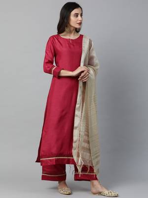 Indo Era Maroon Solid Straight Kurta Pant with Dupatta Sets 3