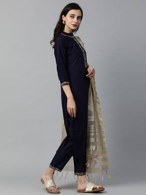 Indo Era Navy Blue Embroidered Straight Kurta Palazzo with Dupatta Sets 3