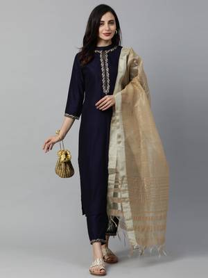 Indo Era Navy Blue Embroidered Straight Kurta Palazzo with Dupatta Sets 5