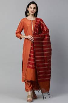 Indo Era Orange Solid Straight Kurta Palazzo with Dupatta Sets
