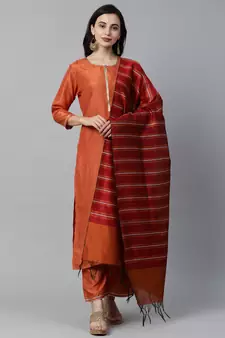 Indo Era Orange Solid Straight Kurta Palazzo with Dupatta Sets