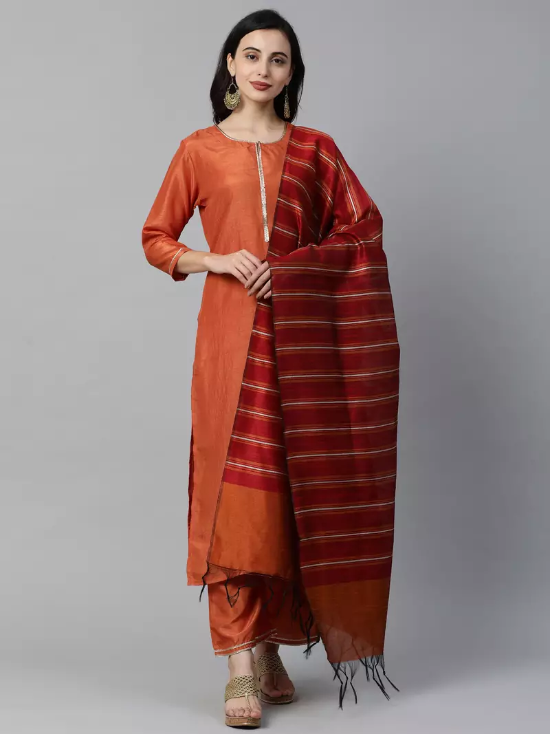 Indo Era Orange Solid Straight Kurta Palazzo with Dupatta Sets