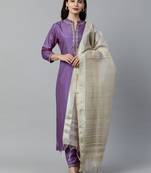 Indo Era Purple Embroidered Staright Kurta Palazzo with Dupatta Sets