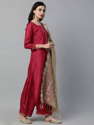 Indo Era Red Solid Straight Kurta Palazzo with Dupatta Sets 3