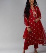 Indo Era Red Embroidered Straight Kurta Trouser With Dupatta Set