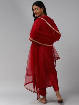 Indo Era Red Embroidered Straight Kurta Trouser With Dupatta Set 2