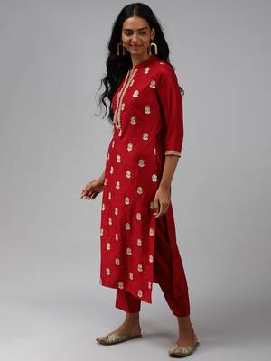 Indo Era Red Embroidered Straight Kurta Trouser With Dupatta Set 3