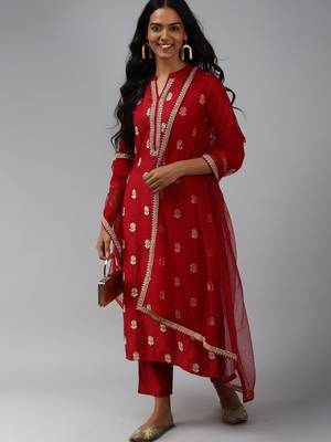 Indo Era Red Embroidered Straight Kurta Trouser With Dupatta Set 4