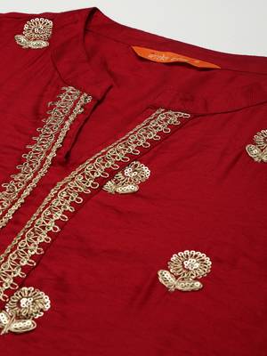 Indo Era Red Embroidered Straight Kurta Trouser With Dupatta Set 5