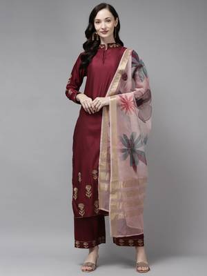 Indo Era Magenta Embroidered Staright Kurta with Palazzo Set 1