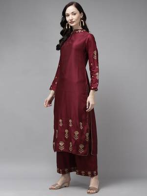 Indo Era Magenta Embroidered Staright Kurta with Palazzo Set 3
