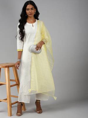 Indo Era white Embroidered Straight Kurta Palazzo With Dupatta Set 4