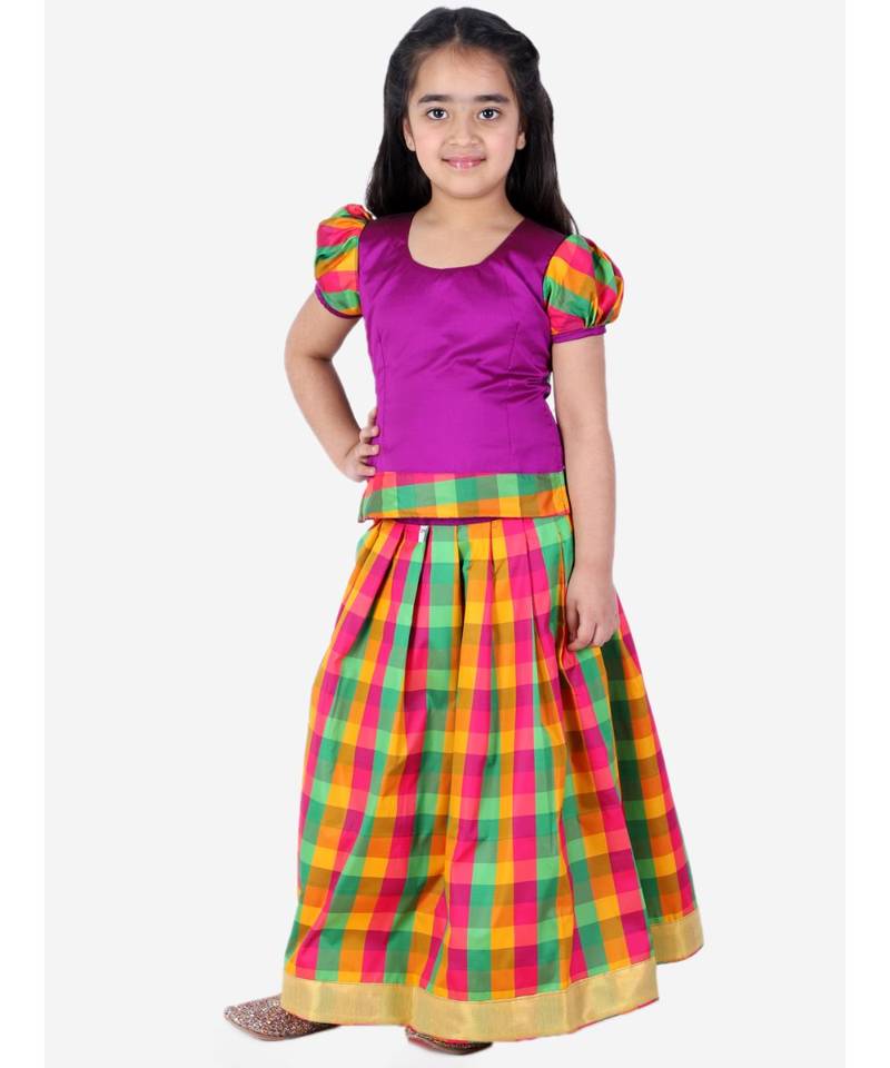 GirlsHalf Sleeve South Indian Pavda Pattu Lehenga  Purple