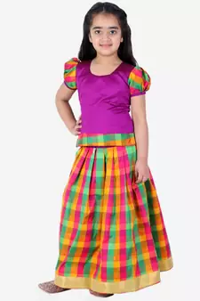 GirlsHalf Sleeve South Indian Pavda Pattu Lehenga  Purple